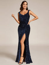 V-Neck Sleeveless High Front Slit Sequin Bodycon Evening Dress #Color_Navy Blue
