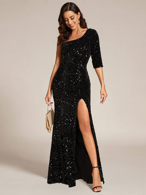 Custom Size Slit One-Shoulder Sequin Evening dress Maxi with bare legs