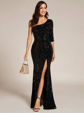 Custom Size Slit One-Shoulder Sequin Evening dress Maxi with bare legs