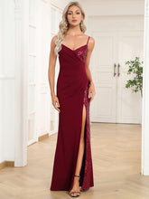 Spaghetti Strap Front Slit Bodycon Sequin Evening Dress #Color_Burgundy