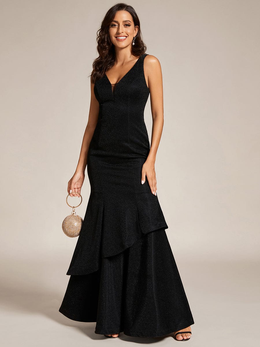 Custom Size Sleeveless V-Neck Floor Length Ruffle Evening Dress #color_Black