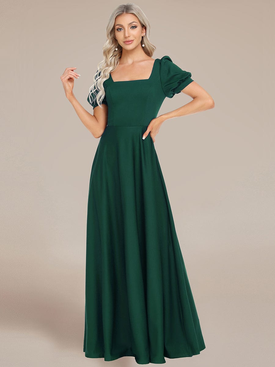 Custom Size Lace-up Back Puffy Sleeves Square Neck Evening Dress #color_Dark Green