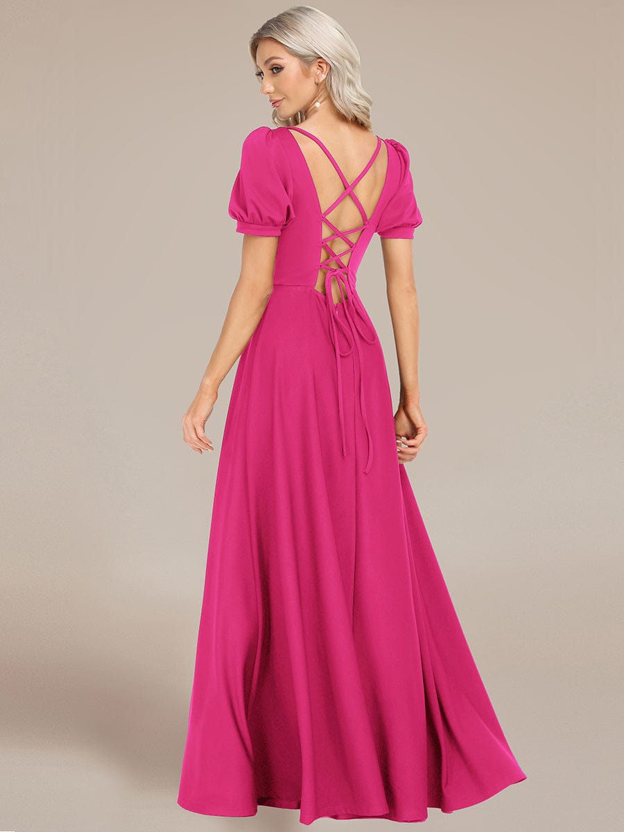 Custom Size Lace-up Back Puffy Sleeves Square Neck Evening Dress #color_Hot Pink
