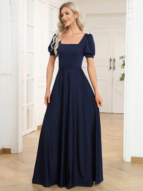 Caged Back Short Sleeve Square Neck A-Line Evening Dress