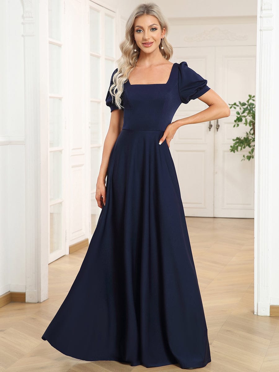Custom Size Lace-up Back Puffy Sleeves Square Neck Evening Dress #color_Navy Blue