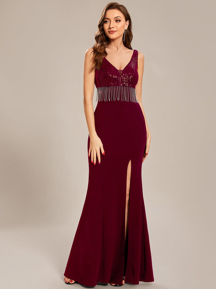 Custom Size Sequin Tassel High Slit Bodycon Evening Dresses #color_Burgundy