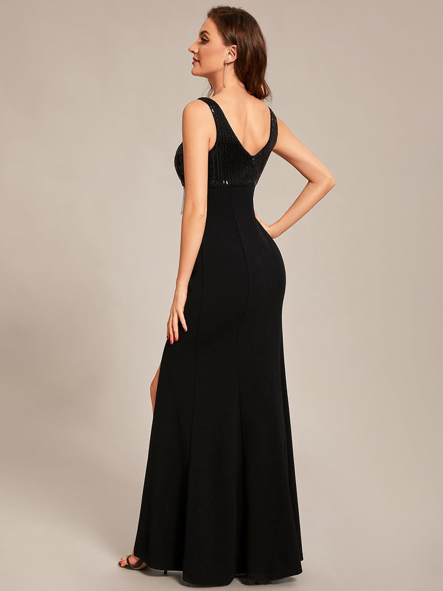 Custom Size Sequin Tassel High Slit Bodycon Evening Dresses #color_Black