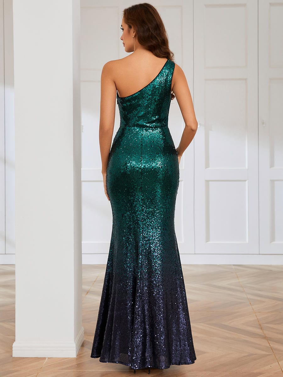 Asymmetrical Front Slit Ombre Sequin Mermaid Evening Dress
