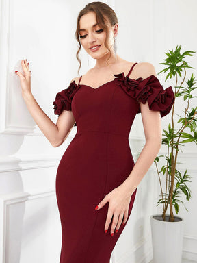 Ruffled Cold Shoulder Spaghetti Strap Bodycon Evening Dress