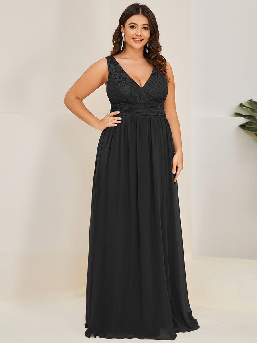 Plus Size Sleeveless Empire Waist V-Neck Chiffon Evening Dress #color_Black