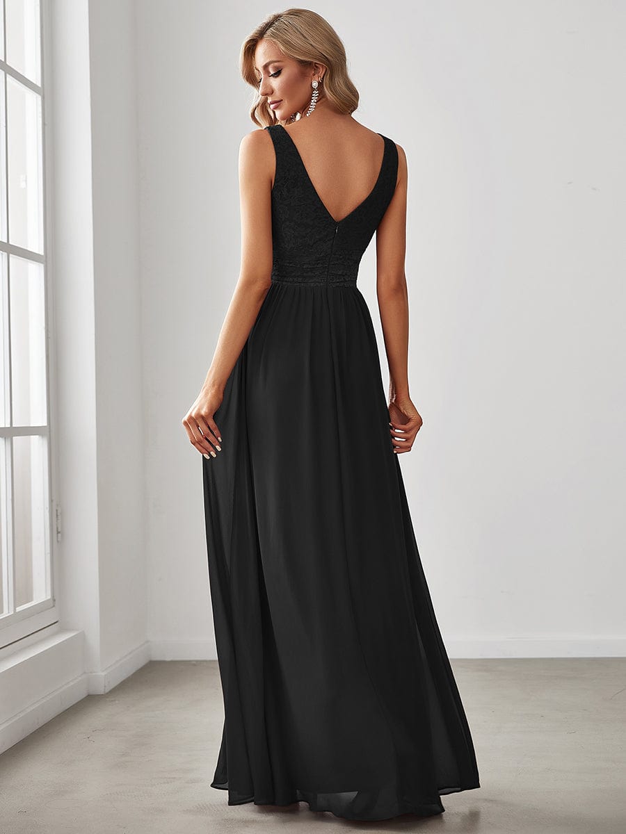 Lace Empire Waist V-Back Sleeveless Chiffon Evening Dress #color_Black