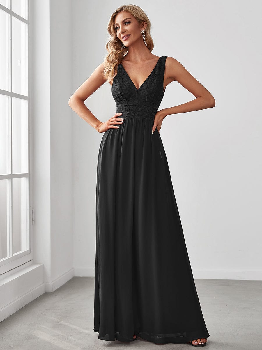 Lace Empire Waist V-Back Sleeveless Chiffon Evening Dress #color_Black