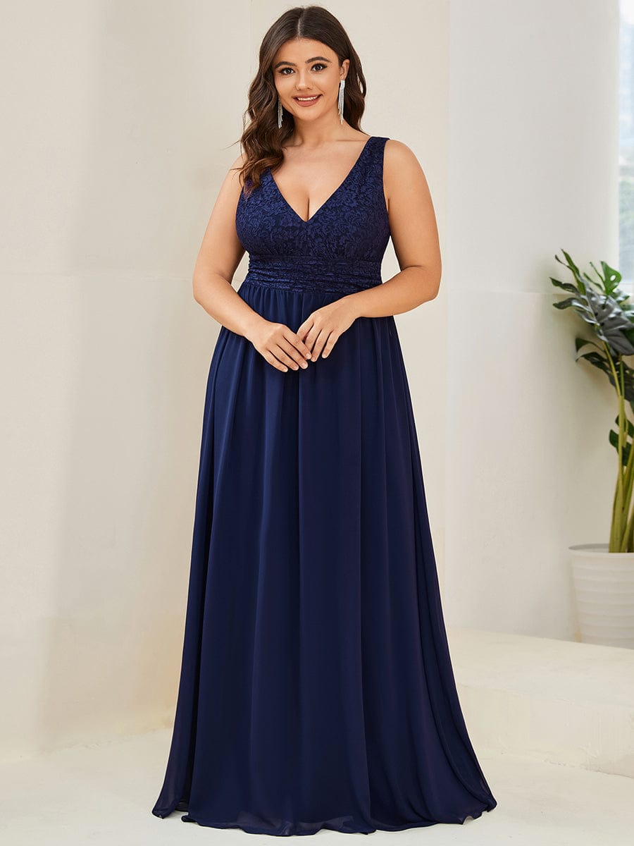 Plus Size Sleeveless Empire Waist V-Neck Chiffon Evening Dress #color_Navy Blue