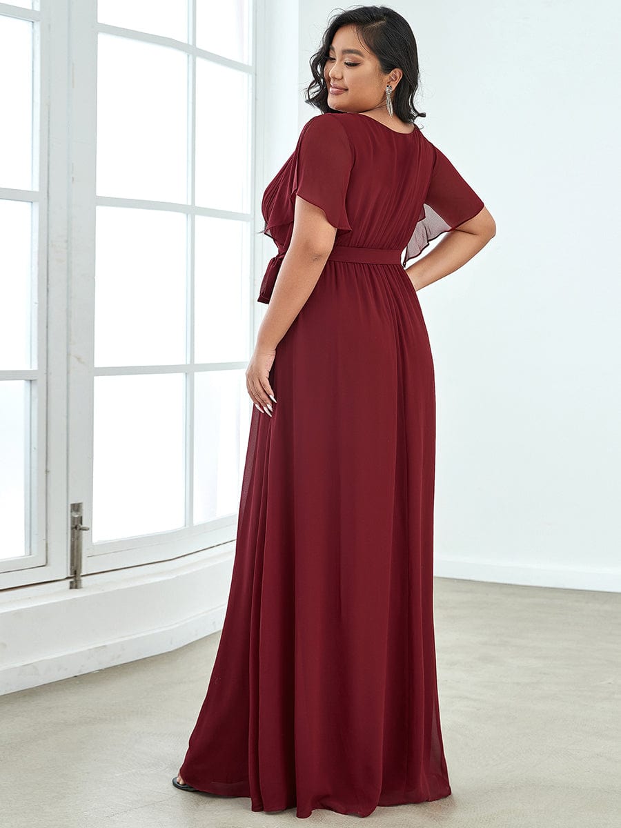 Plus Size Ruffle Pleated Chiffon Tie-Waist Evening Dress #color_Burgundy
