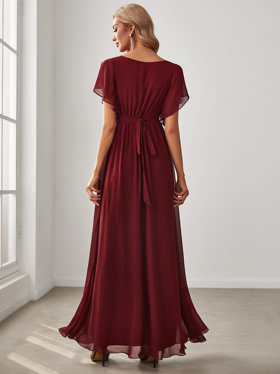 A-Line Pleated Chiffon Tie-Waist Evening Dress #color_Burgundy