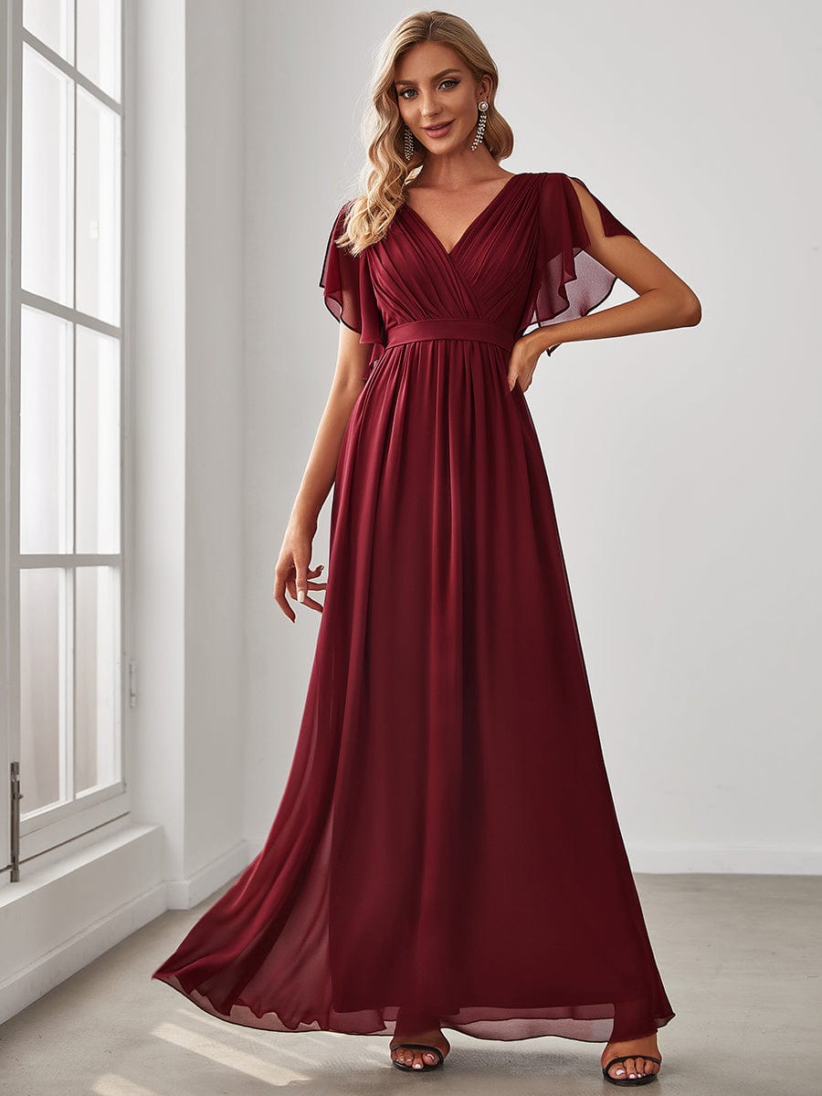 A-Line Pleated Chiffon Tie-Waist Evening Dress #color_Burgundy