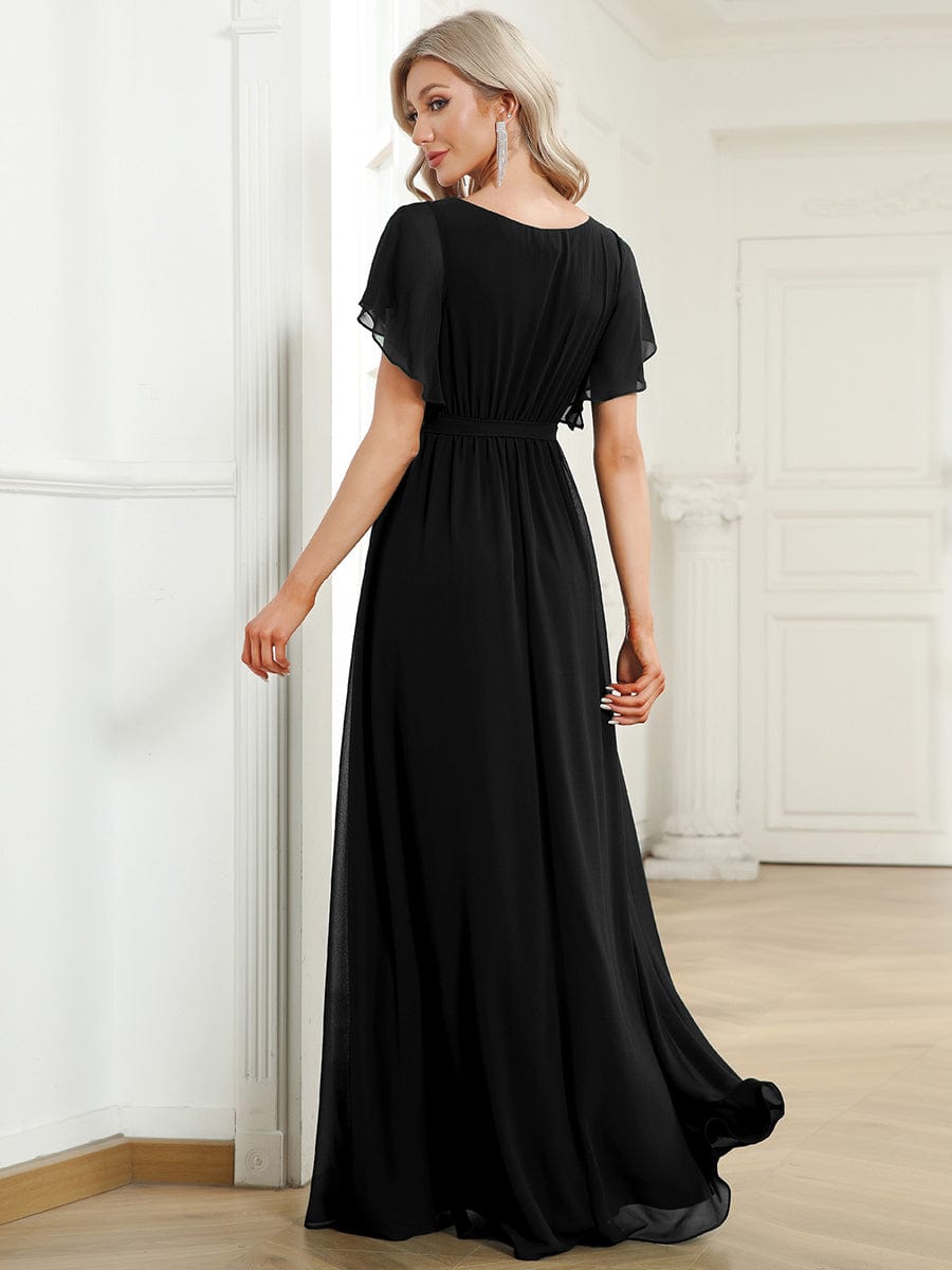 A-Line Pleated Chiffon Tie-Waist Evening Dress #color_Black