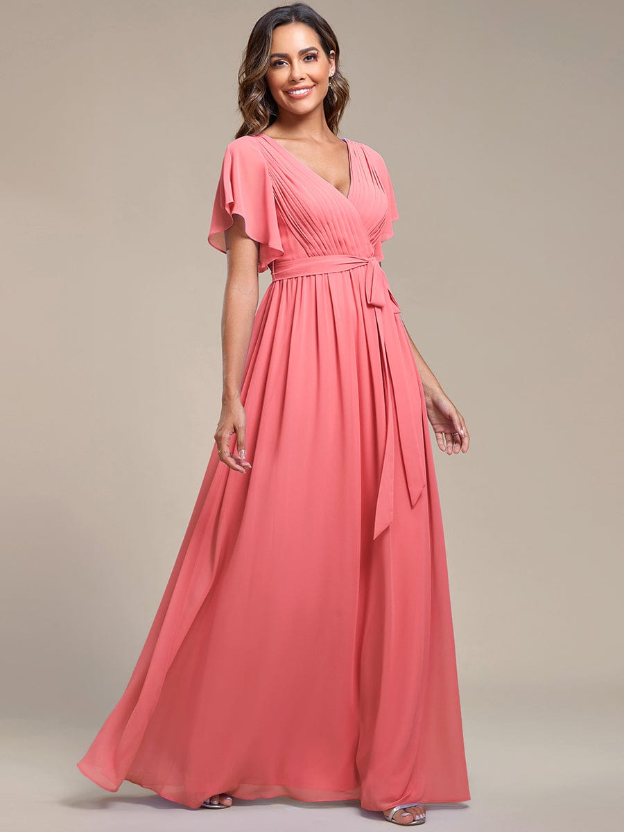 Custom Size Tie-Waist Pleated A-line Evening Dress #color_Coral