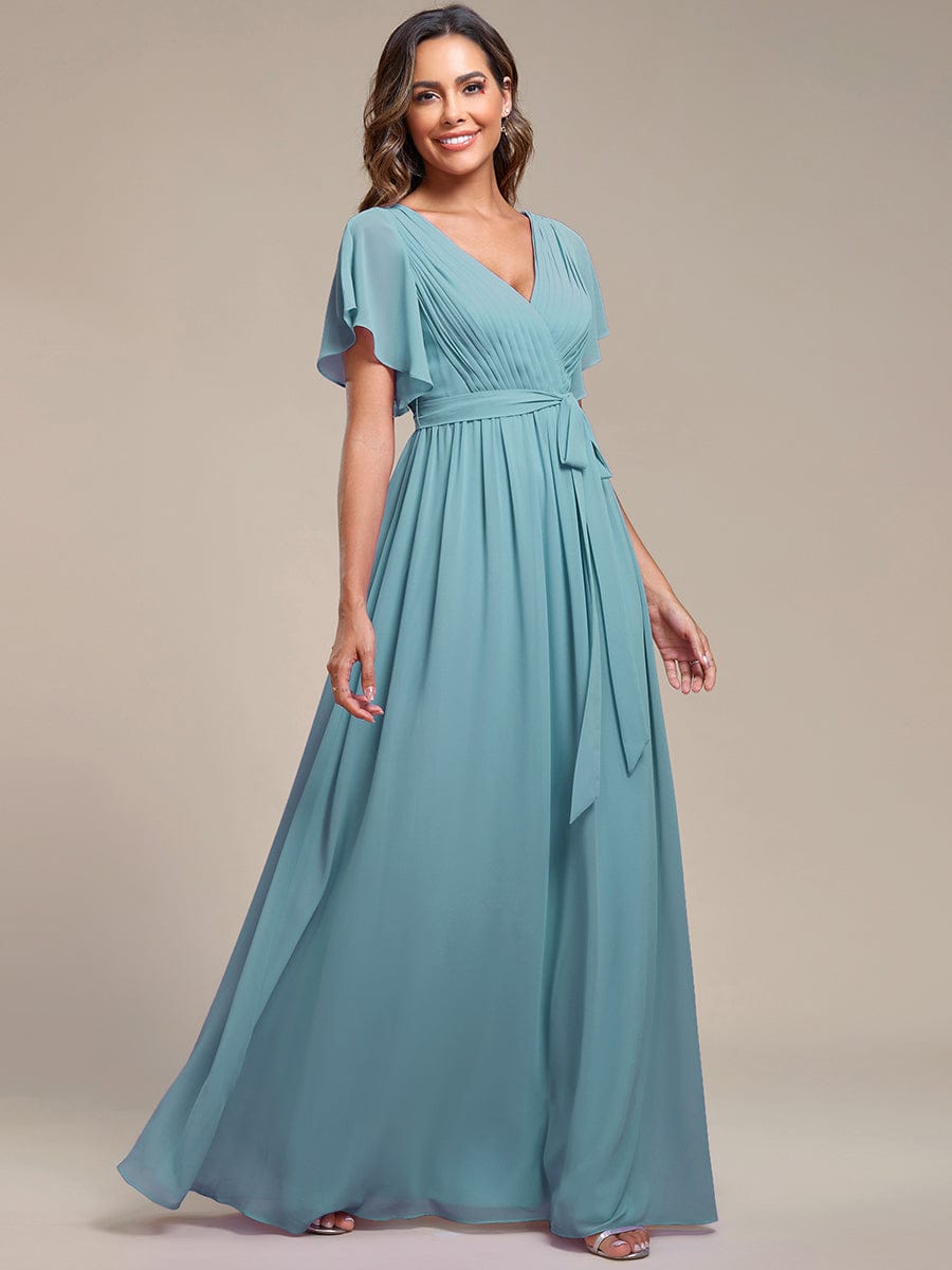 Custom Size Tie-Waist Pleated A-line Evening Dress #color_Dusty Blue