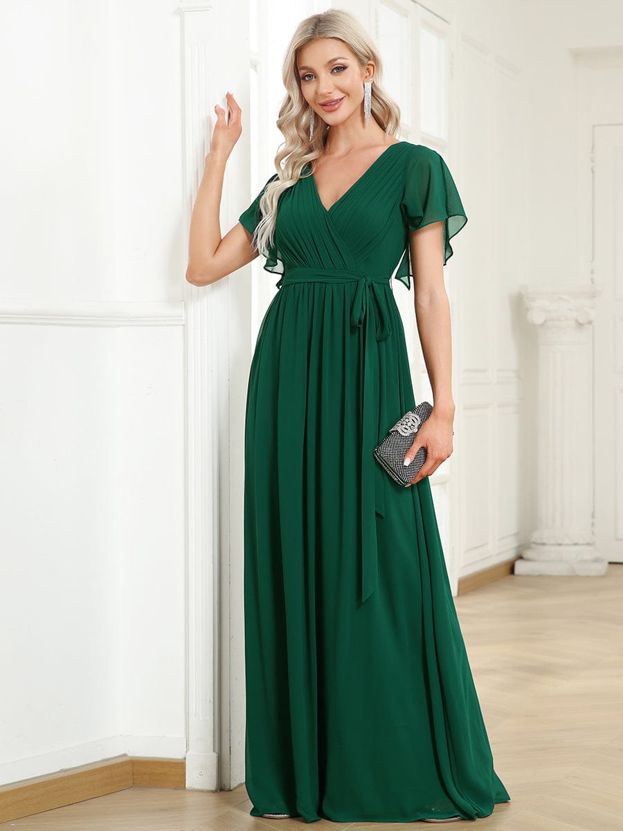 A-Line Pleated Chiffon Tie-Waist Evening Dress #color_Dark Green