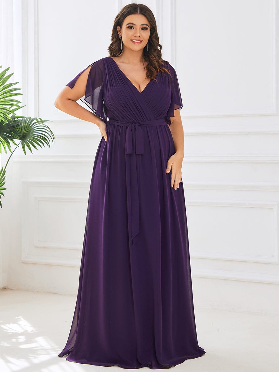 Custom Size Tie-Waist Pleated A-line Evening Dress #color_Dark Purple