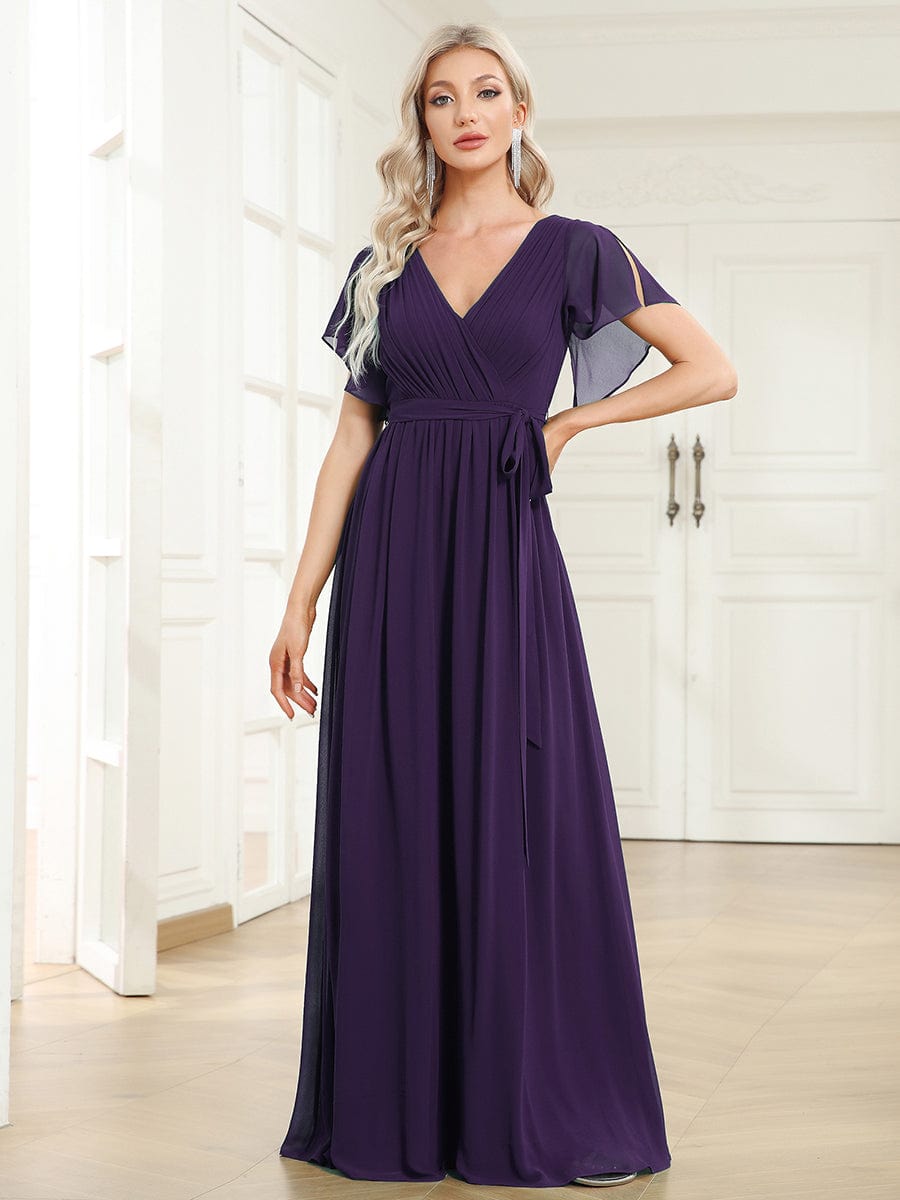 A-Line Pleated Chiffon Tie-Waist Evening Dress #color_Dark Purple