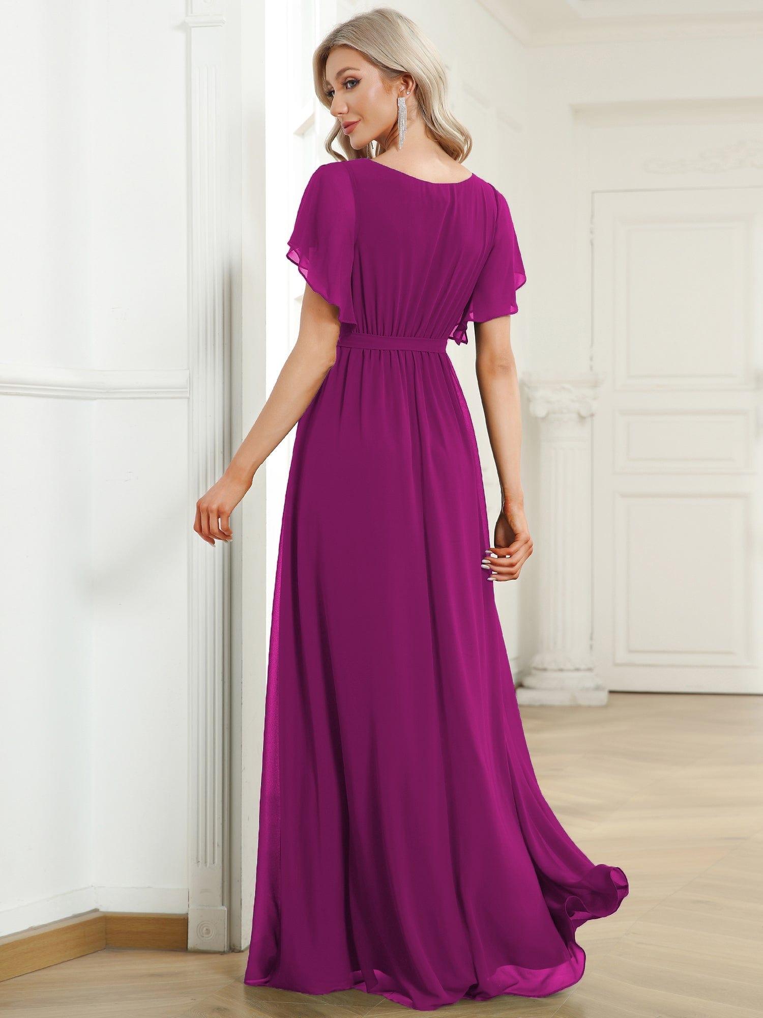 Custom Size Tie-Waist Pleated A-line Evening Dress #color_Fuchsia