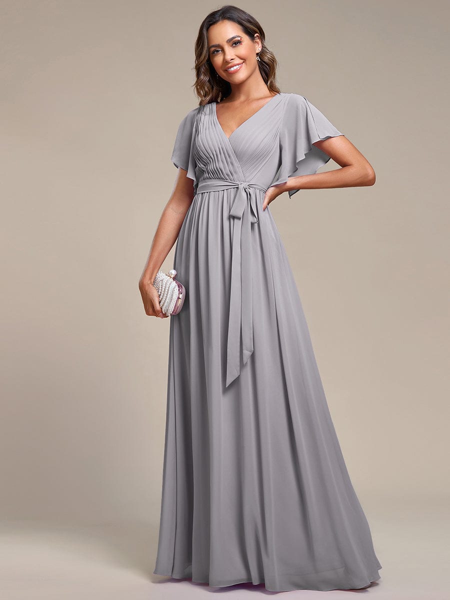 Custom Size Tie-Waist Pleated A-line Evening Dress #color_Grey