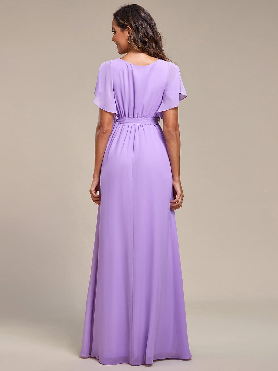 A-Line Pleated Chiffon Tie-Waist Evening Dress #color_Lavender