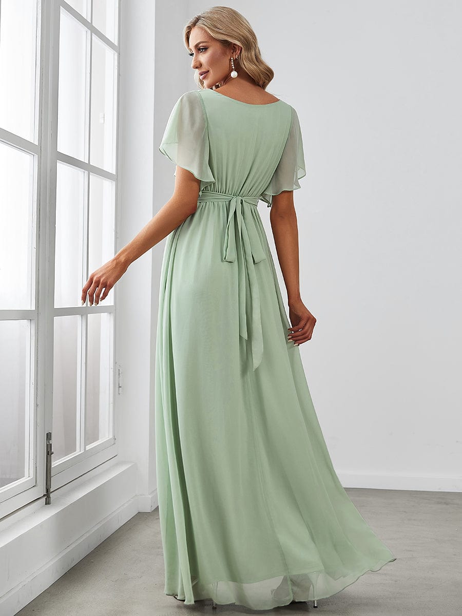A-Line Pleated Chiffon Tie-Waist Evening Dress #color_Mint Green
