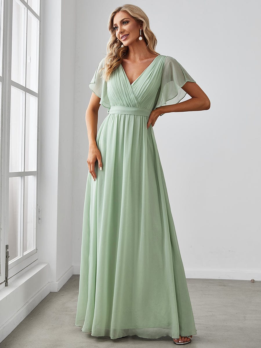 A-Line Pleated Chiffon Tie-Waist Evening Dress #color_Mint Green