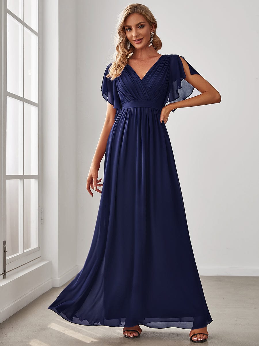 A-Line Pleated Chiffon Tie-Waist Evening Dress #color_Navy Blue