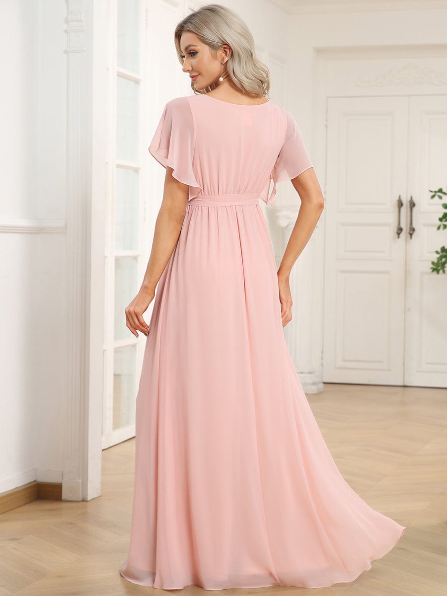 A-Line Pleated Chiffon Tie-Waist Evening Dress #color_Pink