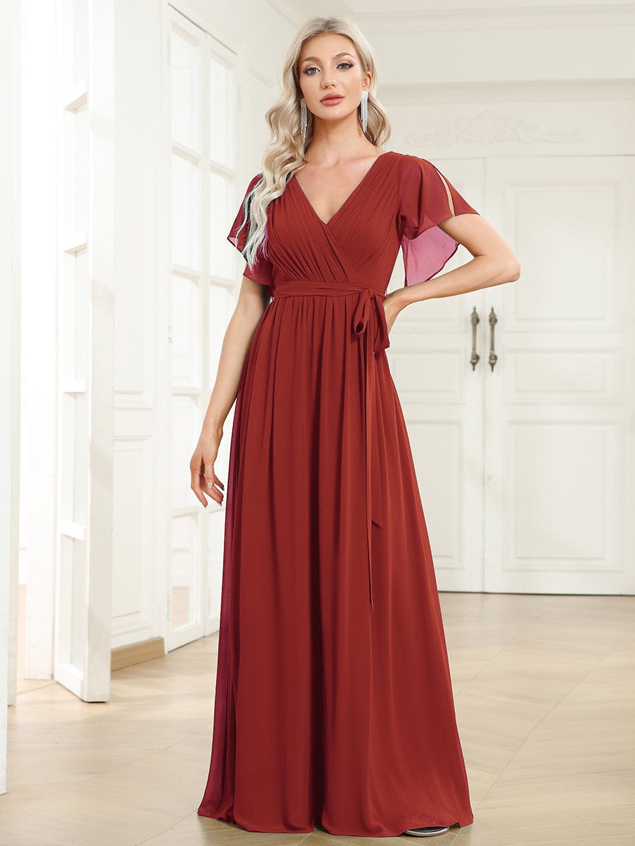 Custom Size Tie-Waist Pleated A-line Evening Dress #color_Vermilion