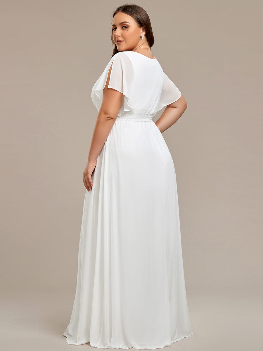 Plus Size Ruffle Pleated Chiffon Tie-Waist Evening Dress #color_White