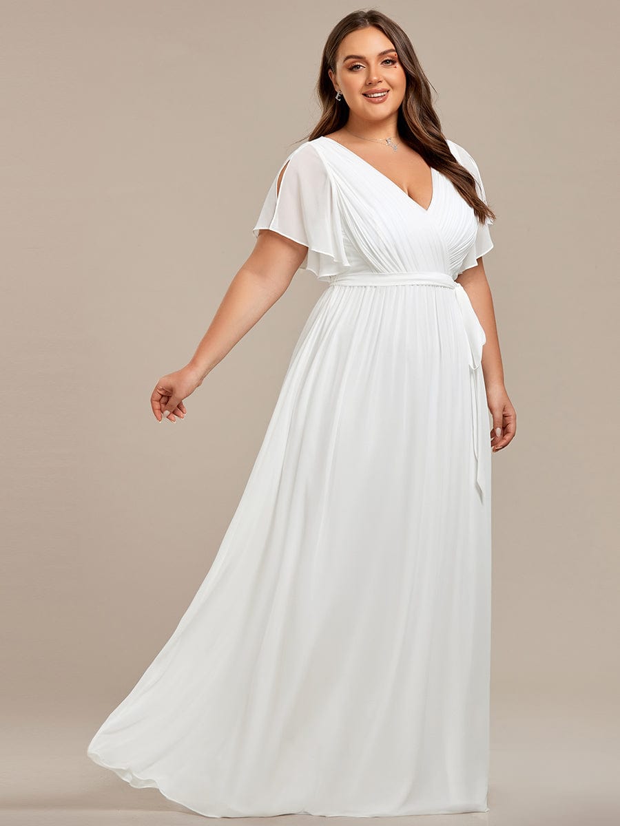 Plus Size Ruffle Pleated Chiffon Tie-Waist Evening Dress #color_White