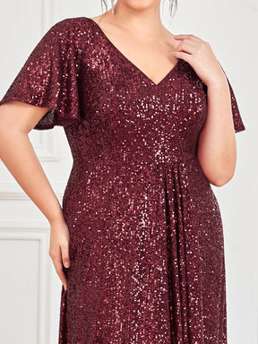 Plus Size Sequin Front Slit V-Neck Short Sleeve Evening Dress