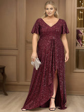 Plus Size Sequin Front Slit V-Neck Short Sleeve Evening Dress #Color_Burgundy