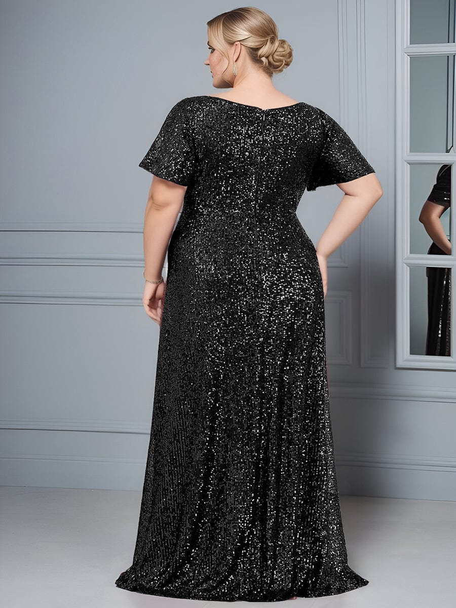 Custom Size Shiny Sequin High Slit V-Neck Short Sleeve Evening Dress #Color_Black
