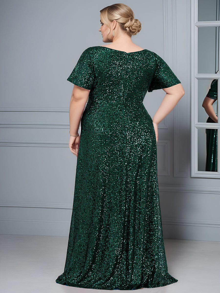 Custom Size Shiny Sequin High Slit V-Neck Short Sleeve Evening Dress #Color_Dark Green