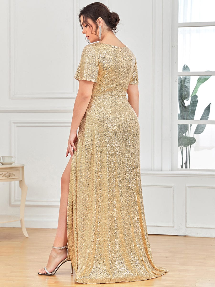 Custom Size Shiny Sequin High Slit V-Neck Short Sleeve Evening Dress #Color_Gold