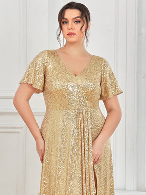 Custom Size Shiny Sequin High Slit V-Neck Short Sleeve Evening Dress