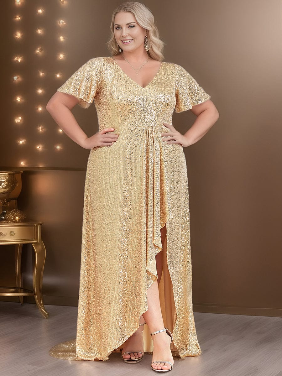 Plus Size Sequin Front Slit V-Neck Short Sleeve Evening Dress #Color_Gold