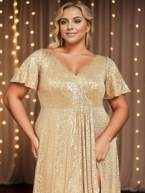 Plus Size Sequin Front Slit V-Neck Short Sleeve Evening Dress