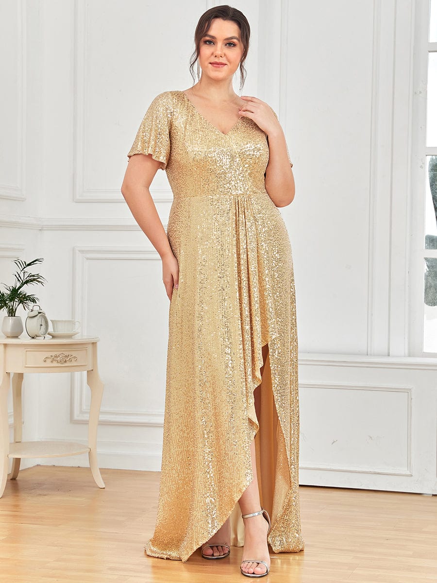 Custom Size Shiny Sequin High Slit V-Neck Short Sleeve Evening Dress #Color_Gold