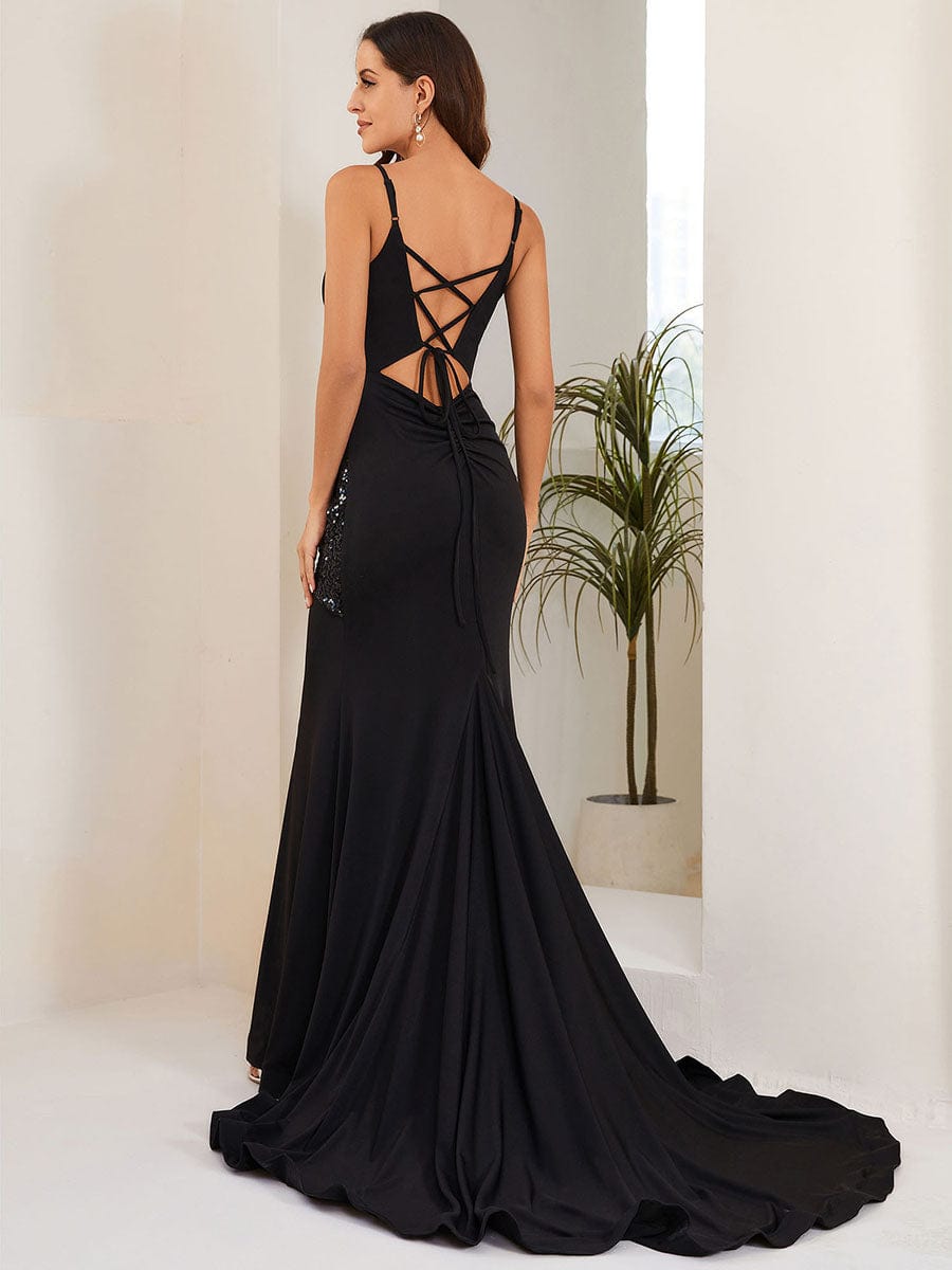 Back Lace-Up Pleated V-Neck Sequin Fishtail Evening Dress #Color_Black