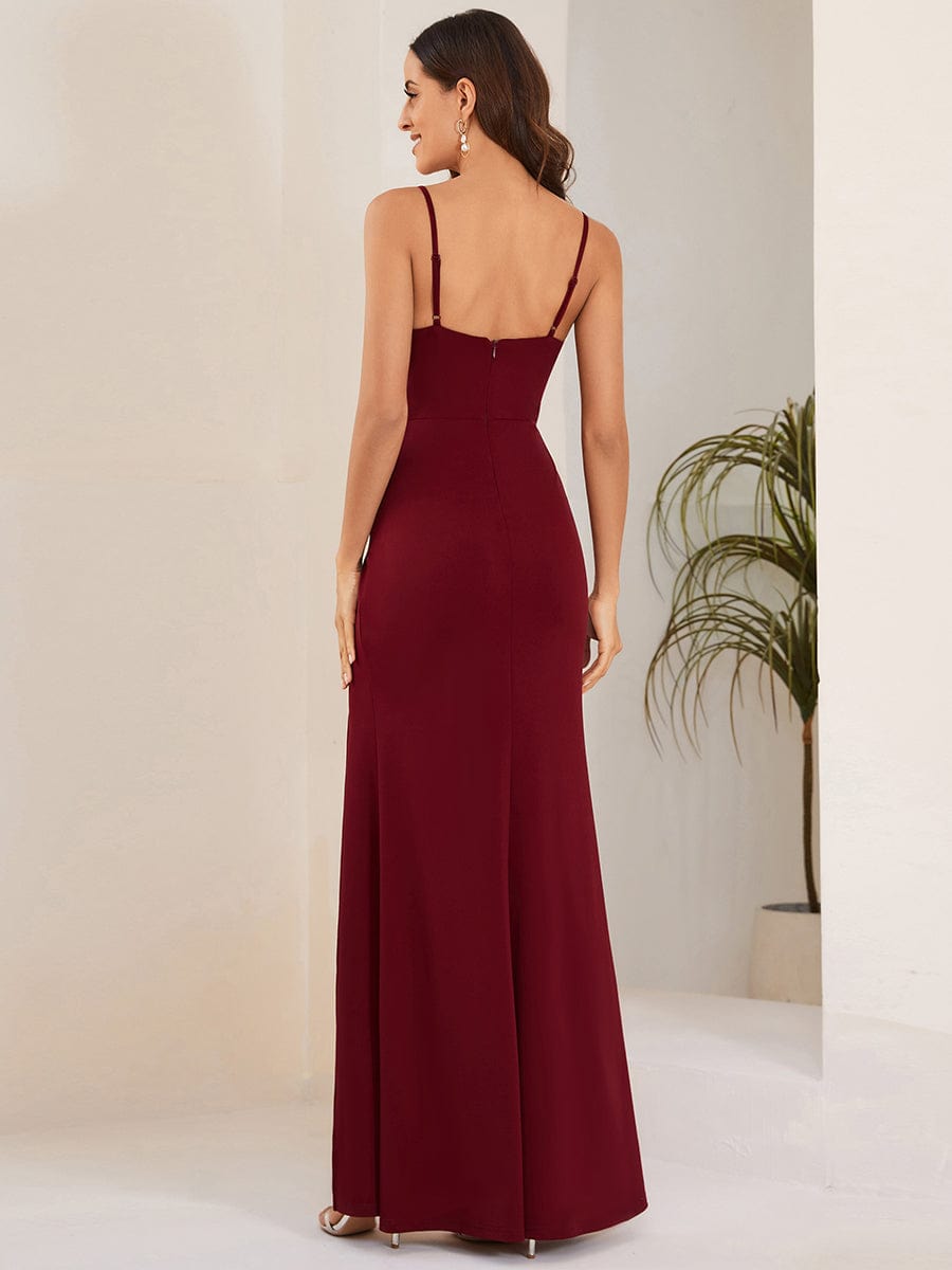 Sparkling Spaghetti Strap Evening Dress with Thigh-High Slit #color_Burgundy