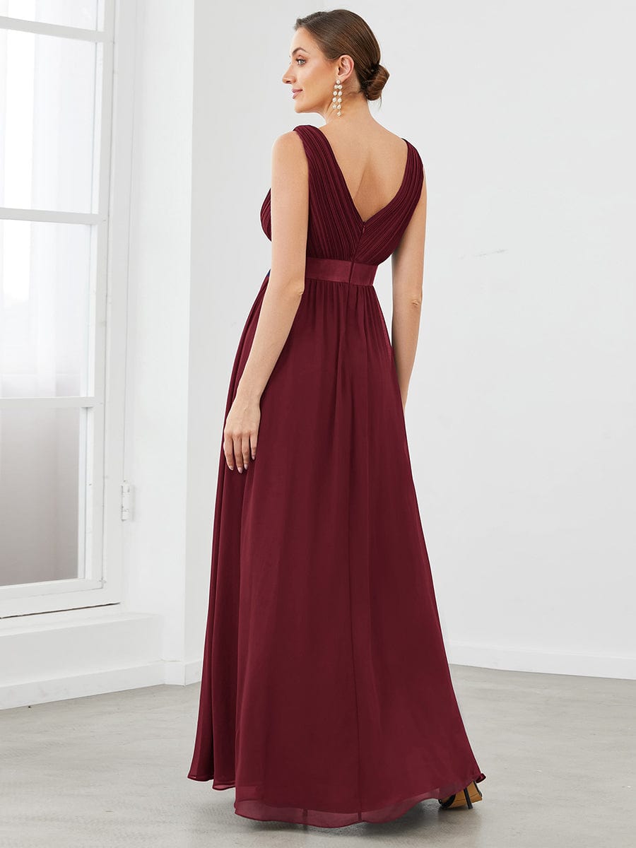 Sleeveless Satin Waist Chiffon A-Line Evening Dress #color_Burgundy
