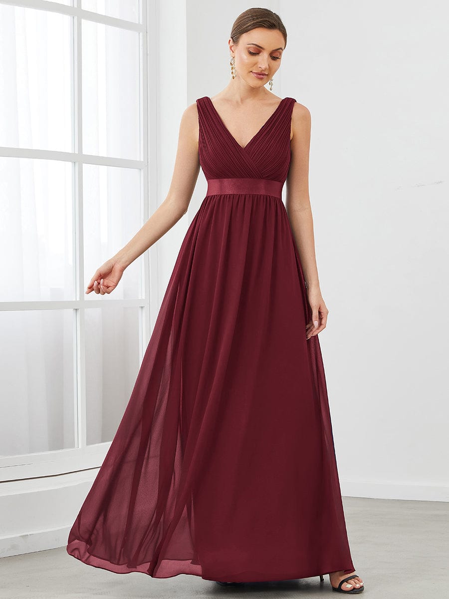 Sleeveless Satin Waist Chiffon A-Line Evening Dress #color_Burgundy