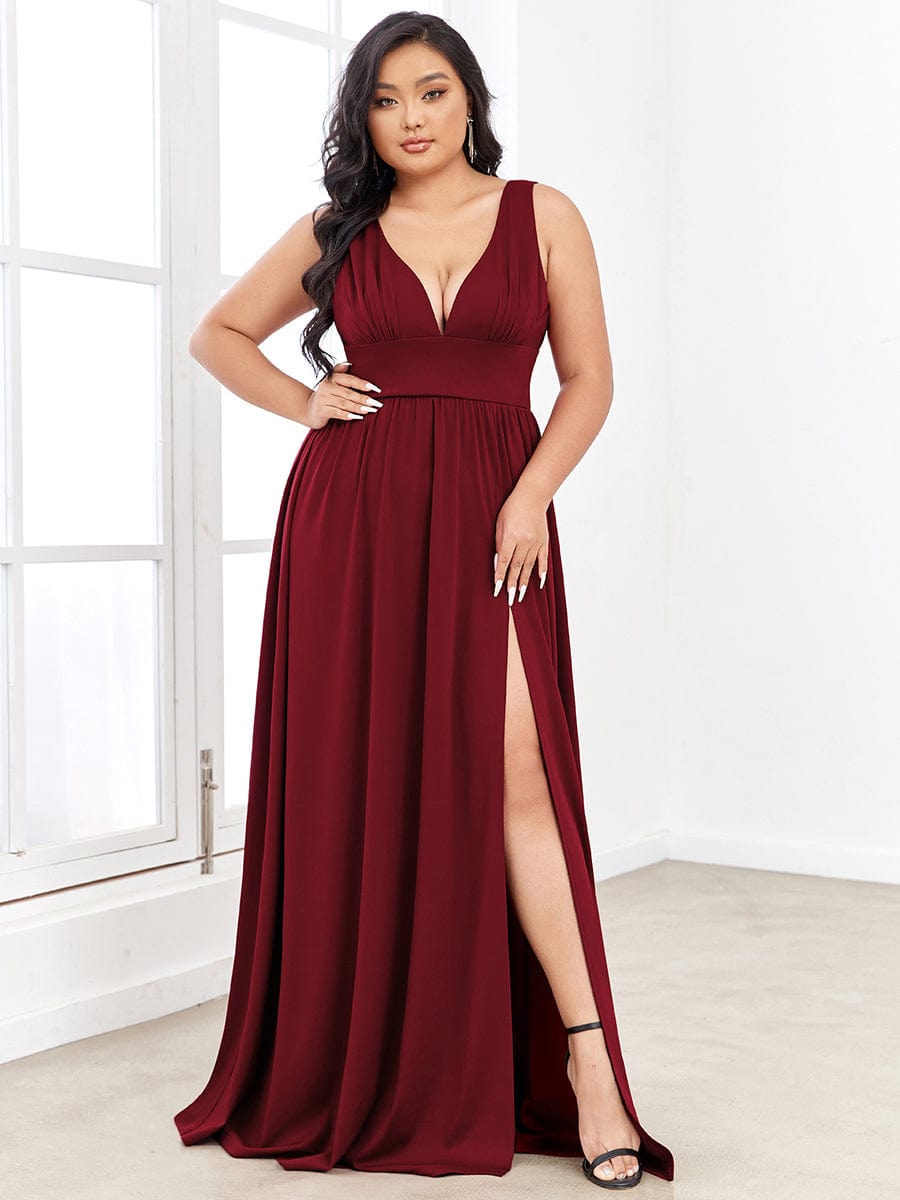 Custom Size Deep V-Neck Empire Waist Sleeveless Simple Evening Dress #color_Burgundy 